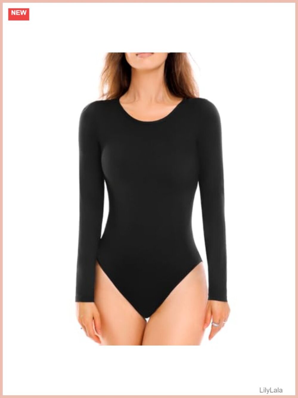 Long Sleeve Round Neck Bodysuit Top Snap Crotch Stretch Polyester Blend